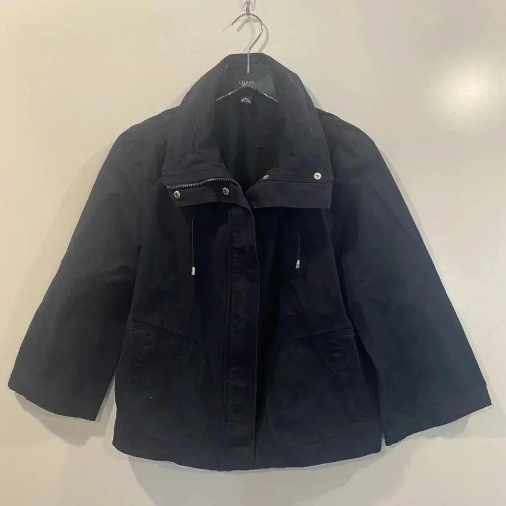 Chaps Navy Blue Cotton Cargo Jacket‎ Full Zip Drawstring Snaps Womens Size Large